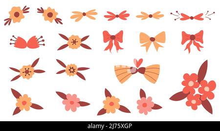 A set of simple botanical elements. Flowers, leaves, bows in childish style. Boho colors. Flat vector illustrations isolated on a white background Stock Vector
