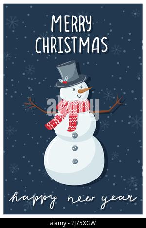 Christmas greeting card. A snowman in a hat and scarf with twig arms on dark background. Hand lettering - Merry Christmas and happy New Year. Cute fla Stock Vector