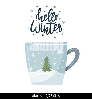 A postcard with a mug with a winter landscape, a snow-covered forest, fir trees. Hand lettering phrase - Hello winter. A simple hand-drawn color vecto Stock Vector