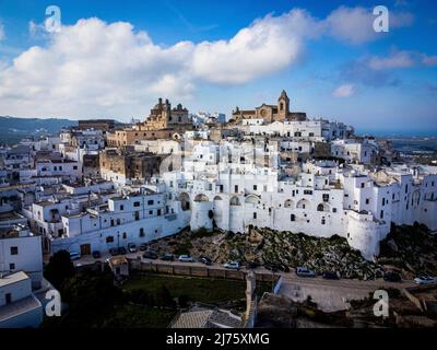 The famous white houses of Ostuni in Italy, aerial view, Stock Photo