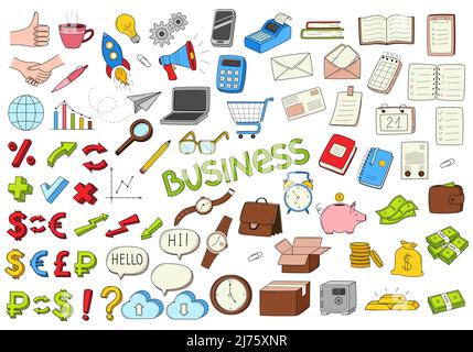 A large collection of colored doodle decorative elements. Symbols of Business, startup, bank, currency, money. Hand-drawn color vector illustration. I Stock Vector