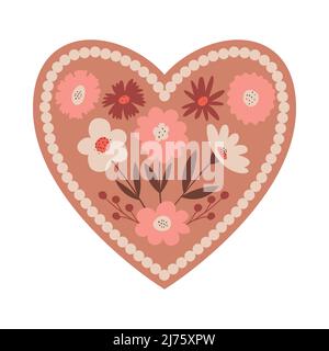 Flower heart in boho style. Valentine card with floral elements for Valentine's Day. A symbol of love. Vector illustration isolated on a white backgro Stock Vector