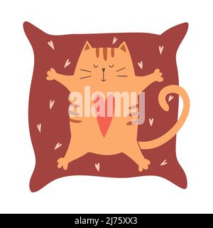 A cute cartoon cat with a heart on his stomach lies on a pillow with his paws spread out. A simple adorable character for Valentine's day greeting car Stock Vector
