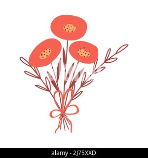 A simple floral arrangement with flowers and a bow. A bouquet with abstract red flowers and twigs. Vector botanical illustration isolated on a white b Stock Vector