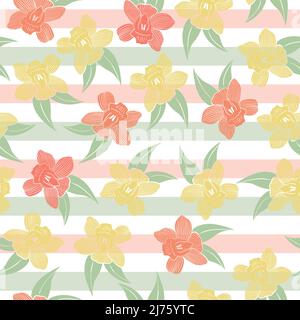 Bright summer floral seamless pattern. Striped background with orchids. Tropical template for fabric, wrapping, wallpaper and design vector illustrati Stock Vector