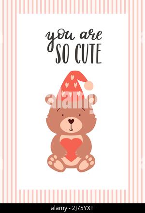 A Valentine's day card with a cute bear holding a heart and a handwritten phrase - You're so cute. A symbol of love, romance. Color flat vector illust Stock Vector