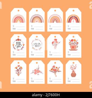 Set of gift tags for Valentine's Day. Boho rainbows, flower bouquets, wreaths. Collection of present labels with simple cute illustrations and words T Stock Vector