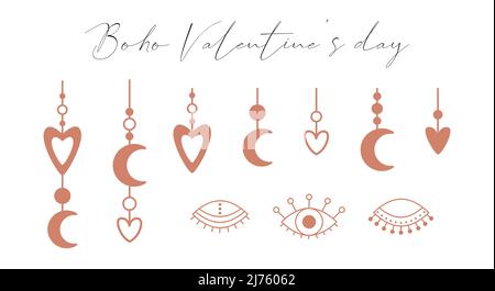 A set of boho elements with hearts, a crescent moon, open and closed eyes. Boho symbols, pendants with a heart. Decorative elements for Valentine's Da Stock Vector