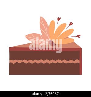 A cut piece of cake with layers, cream and a flower. Sweet food, pastries. A decorative element for Valentine's Day. Color vector illustration isolate Stock Vector