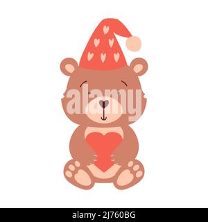 A cute bear in a hat sits and holds a heart in its paws. A cartoon-style character, a decorative element for Valentine's day cards. Color vector illus Stock Vector
