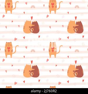 Seamless pattern with cute hugging cats and a cat holding a heart in its paws. Textured striped background with rainbow,hearts. For packaging design f Stock Vector