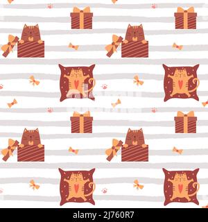 Seamless pattern with cute cats. The cat is sitting in a gift box with a bow, lying on a pillow. Textured striped background. For packaging design for Stock Vector