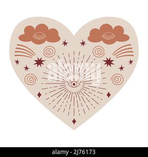 Symmetrical Mystical Heart with celestial and boho elements, clouds, comet, stars, eye. Decorative element for Valentine's day cards, packaging design Stock Vector