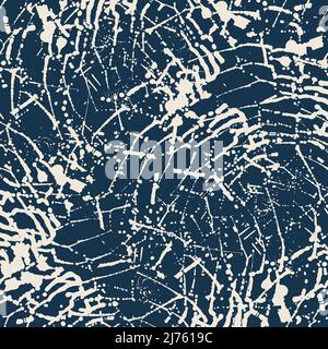 Grunge abstract water swirl vector seamless pattern background. Dense white swirling wavy lines on navy blue backdrop. Painterly streaks craquelure Stock Vector