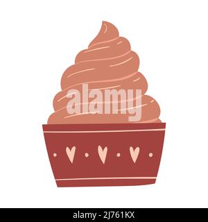 Cupcake with chocolate cream, sprinkles and hearts. Sweet food, pastries. A decorative element for Valentine's Day. Simple flat color vector illustrat Stock Vector