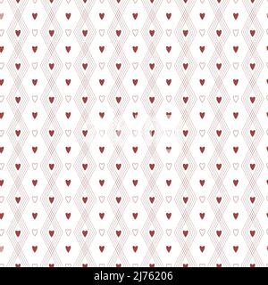 A simple seamless minimalistic pattern with dark red hearts and zigzag stripes on a white background. Perfect for Valentine's day packaging and wrappi Stock Vector