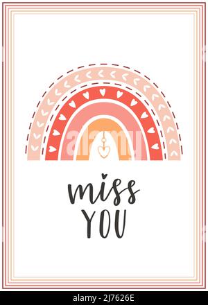 Valentine's Day card with a red and pink boho rainbow with a pattern and a heart and the handwritten phrase Miss you. Color vector illustration in a f Stock Vector