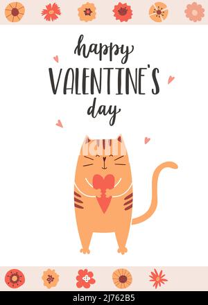 A greeting card with a cute, smiling cat holding a heart in its paws. A handwritten phrase Happy Valentine's Day. Hand lettering. Cartoon vector illus Stock Vector