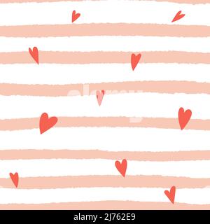 A simple seamless pattern with textured hand-drawn strokes and hearts. Light pink pattern for the design of wrapping paper for Valentine's Day. Vector Stock Vector
