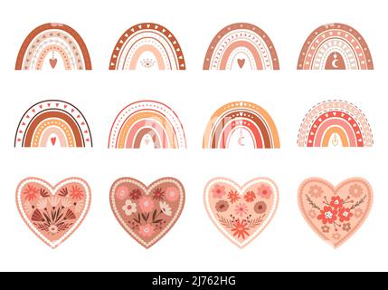 A set of boho rainbows and hearts with simple flowers. Boho Valentine's day. Pastel decorative elements for Valentine's Day. Color vector illustration Stock Vector