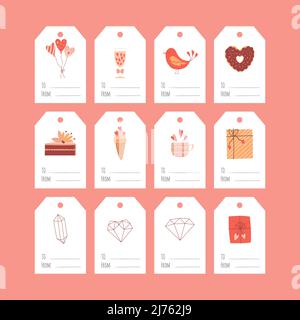 A set of gift tags for Valentine's Day. Bird,, coffee cup, crystals. A collection of present labels with cartoon illustrations and the words To, From. Stock Vector