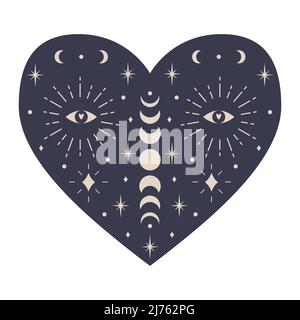 Symmetrical Mystical Heart with celestial elements, moon phases, crescent moon, stars, eye. Decorative element for Valentine's day cards, packaging de Stock Vector
