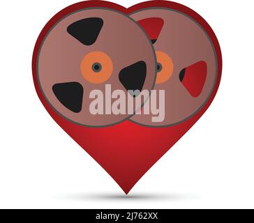 Magnetic tape reel on a red heart shape Stock Vector