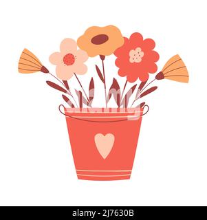 Flower arrangement, bouquet in a bucket with heart. Botanical composition with cute sinple flowers in cartoon style. Color vector illustrations isolat Stock Vector
