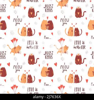 Seamless pattern with cute lovers hugging cats and handwritten phrases. I meow you. Perfect for wrapping paper for Valentine's Day. Vector isolated il Stock Vector