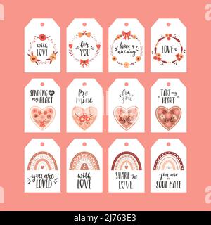 Vector set of gift tags for Valentine's Day. Boho rainbows, floral hearts, flower wreaths.Collection of present labels with cute illustrations and han Stock Vector