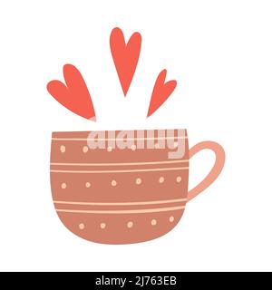 A mug with a pattern and hearts. A cup with a drink. Decorative element for Valentine's Day cards. Simple flat color vector illustration isolated on w Stock Vector