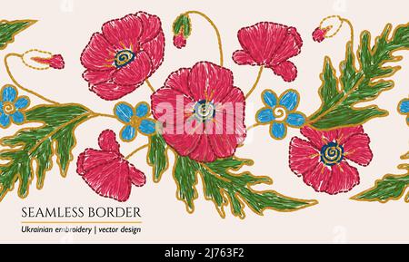 Ukrainian embroidery seamless poppy floral border. Blue flower embroidered arrangement Stock Vector