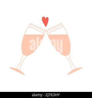 Two glasses clink. Drink, wine, symbol of romance, love. A decorative element for Valentine's Day. Color vector illustration isolated on a white backg Stock Vector