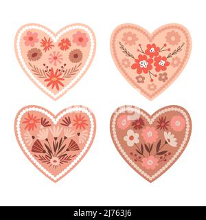 A set of flower hearts in boho style. Valentine card with floral elements for Valentine's Day. A symbol of love. Vector illustration isolated on a whi Stock Vector