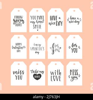 A set of gift tags with black and white handwritten phrases for Valentine's Day. A collection of present labels with congratulations and wishes. Simpl Stock Vector