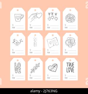 Set of gift tags with black and white hand-drawn doodles for Valentine's Day. A collection of present labels with illustrations and words To, from. Si Stock Vector