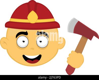 Vector illustration of the face of a yellow cartoon character with a firefighter helmet on his head and an ax in his hand Stock Vector