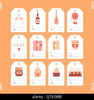 A set of gift tags for Valentine's Day. Sweets, bottle, air balloon. A collection of present labels with cartoon illustrations and the words To, From. Stock Vector