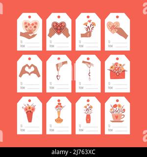 A set of gift tags for Valentine's Day. Hands hold a heart, bouquet, flowers, boho elements. A collection of present labels with flat illustrations. T Stock Vector