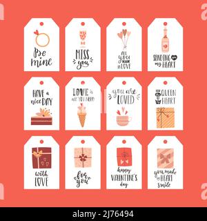 A set of gift tags for Valentine's Day. Gift box, cake, hearts. Present labels with cute cartoon illustrations and handwritten greeting phrases and wi Stock Vector