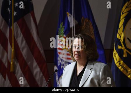 Washington DC, US. 6th May 2022. Lisa Monaco, deputy U.S. attorney general, speaks during the Bureau of Alcohol, Tobacco, Firearms and Explosives (ATF) Police Executives Forum in Washington, D.C., on Friday, May 6, 2022.   Photo by Sarah Silbiger/UPI Credit: UPI/Alamy Live News Stock Photo