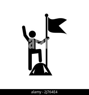 Businessman holding flag on mountain peak. Success business concept ...