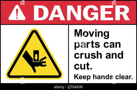 Moving parts can crush and cut. Keep hands clear danger sign. Safety signs and symbols. Stock Vector