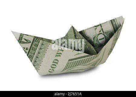 Boat or ship made from a us one dollar bill isolated on white background. Stock Photo