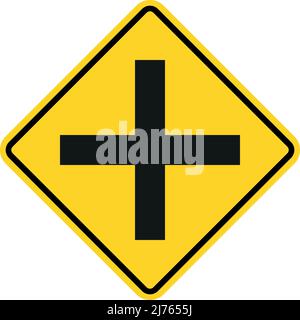 Cross road intersection sign. Yellow diamond background. Traffic signs and symbols. Stock Vector