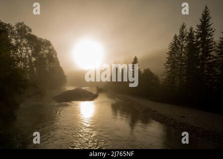 Morning fog in the streambed of the Isar between Vorderriss and Wallgau at the Karwendel mountains at sunrise Stock Photo