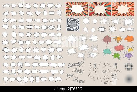 Big set cartoon speech bubble collection with starburst - splash - crack - ink - crunch - halftone shapes and signs in cartoon style - pop art retro Stock Vector