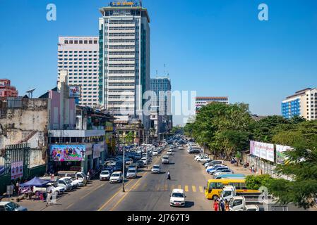 YANGON, MYANMAR - DECEMBER 18, 2016: Modern city street from above. Yangon, Burma (Myanmar) Stock Photo