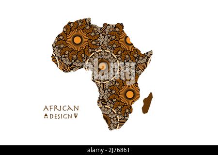 Africa patterned map frame ethnic flowers motifs. Logo Banner with tribal traditional grunge African pattern elements, concept design. Vector Ethnic Stock Vector