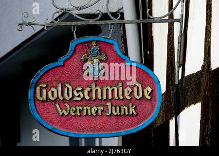 Europe, Germany, Hesse, city of Herborn, historical old town, figurehead on half-timbered house, 'Goldsmiths'.